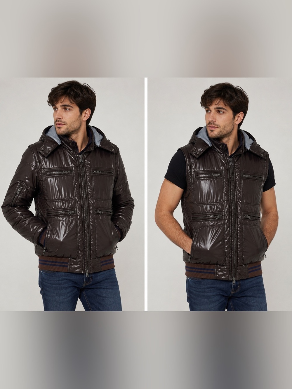 SYN Men’s Brown cotton Puffer Vest/Jacket Removable Sleeves Full Zip Hooded (M)